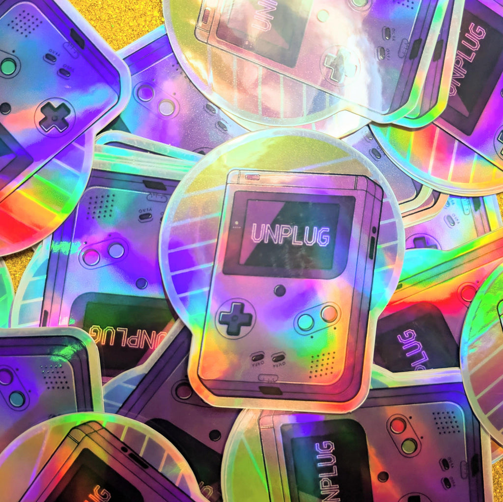 Unplug Holographic Sticker | Rainbow Vaporwave Sunset Gameboy