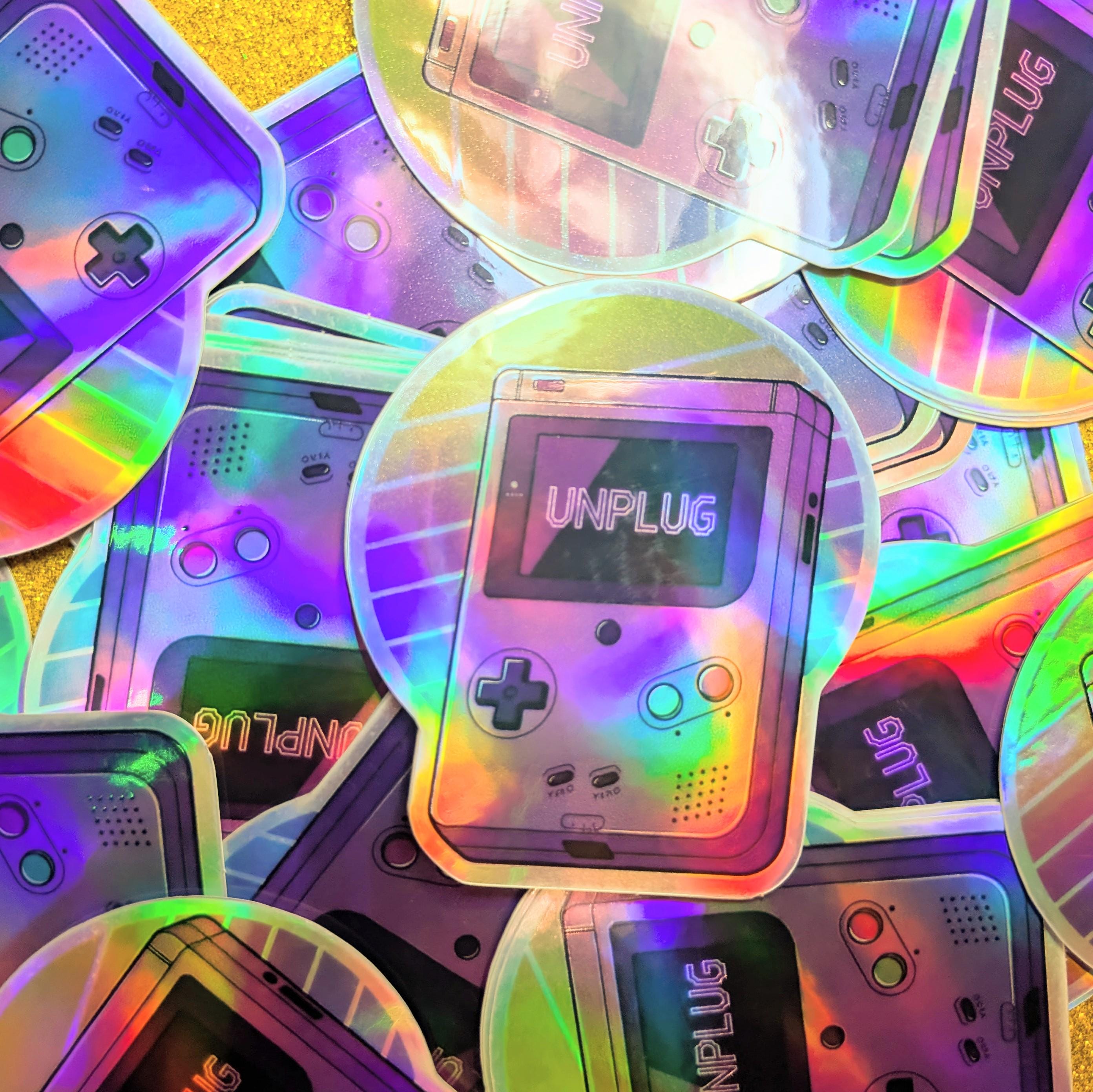 Unplug Holographic Sticker | Rainbow Vaporwave Sunset Gameboy