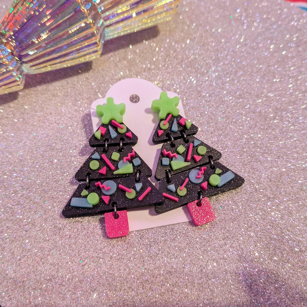 Arcade Carpet Christmas Tree Earrings | Retro UV Reactive Glow Holiday Jewelry