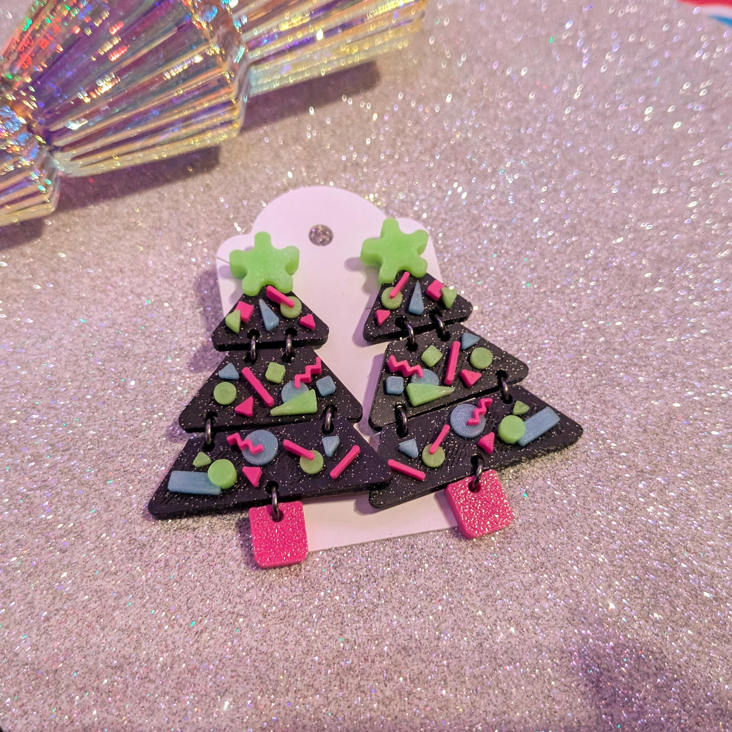 Arcade Carpet Christmas Tree Earrings | Retro UV Reactive Glow Holiday Jewelry