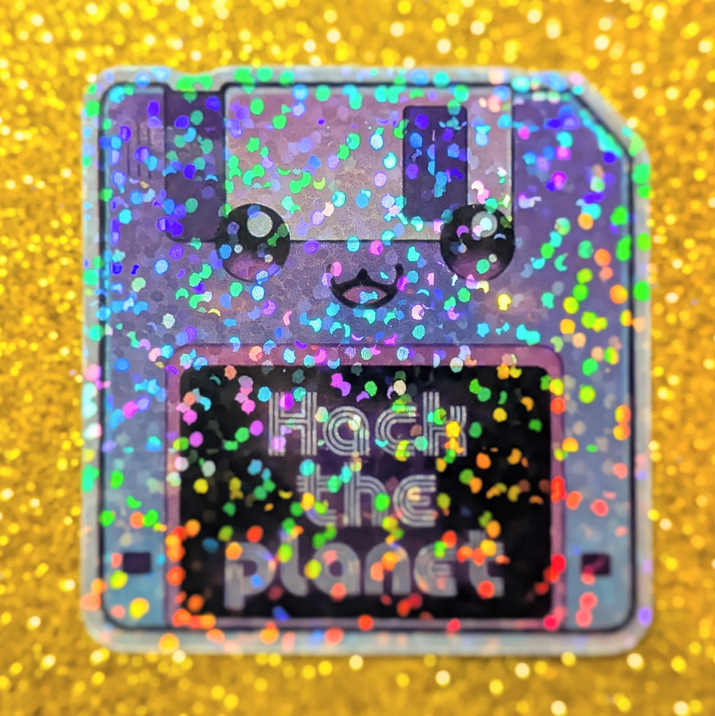Kawaii Hack the Planet Glitter Sticker | Vaporwave Floppy Disk