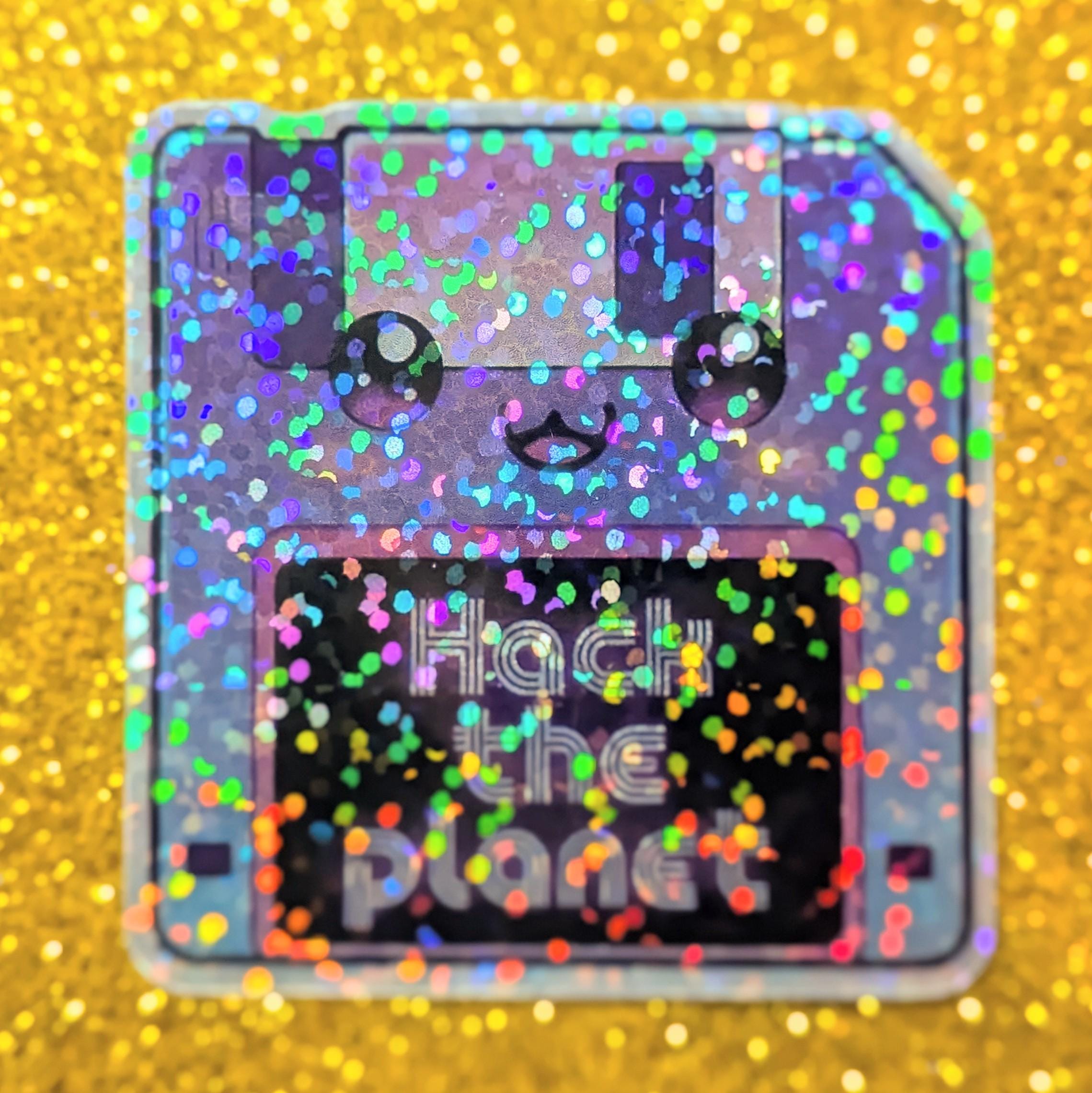 Kawaii Hack the Planet Glitter Sticker | Vaporwave Floppy Disk