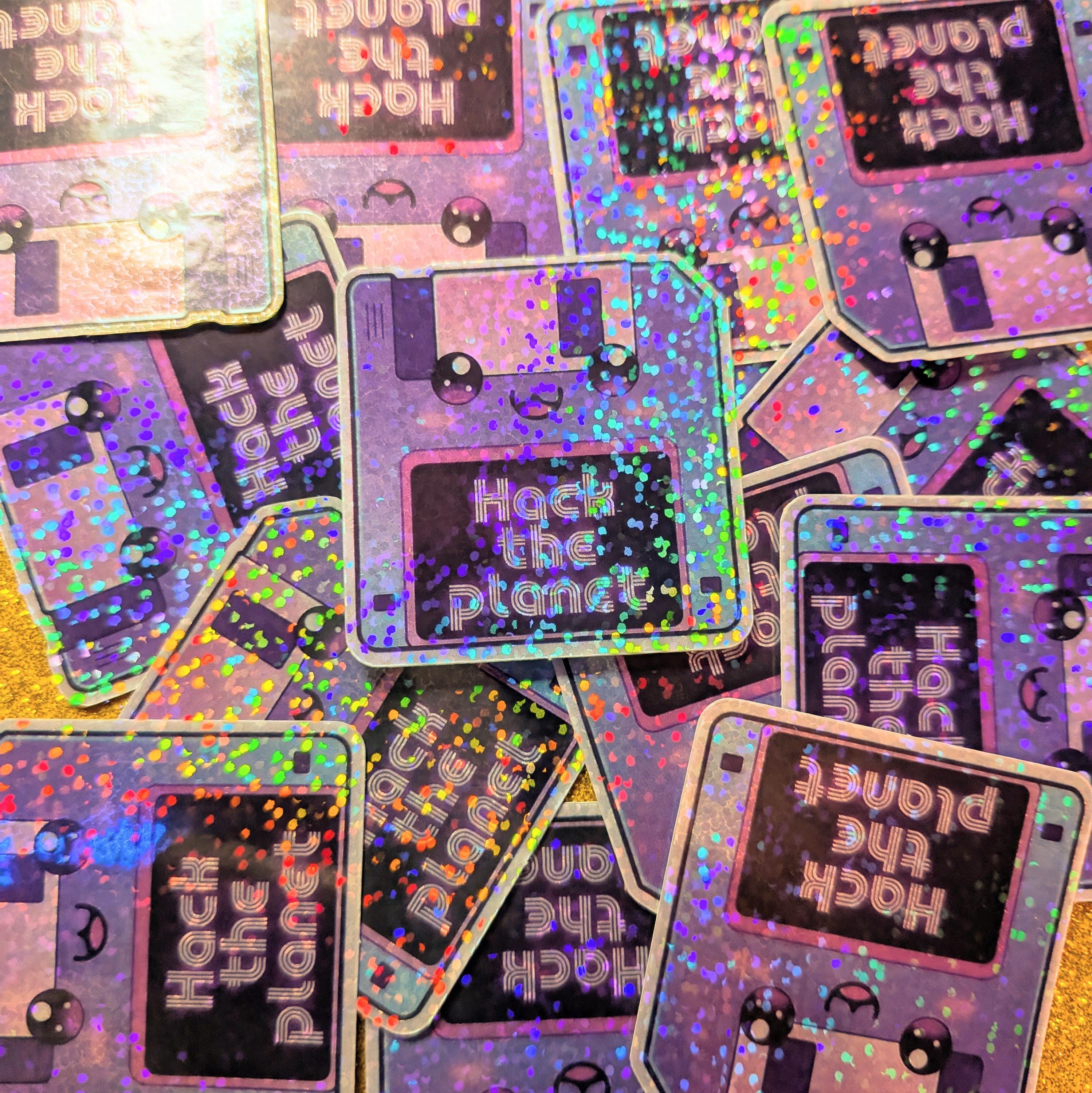 Kawaii Hack the Planet Glitter Sticker | Vaporwave Floppy Disk