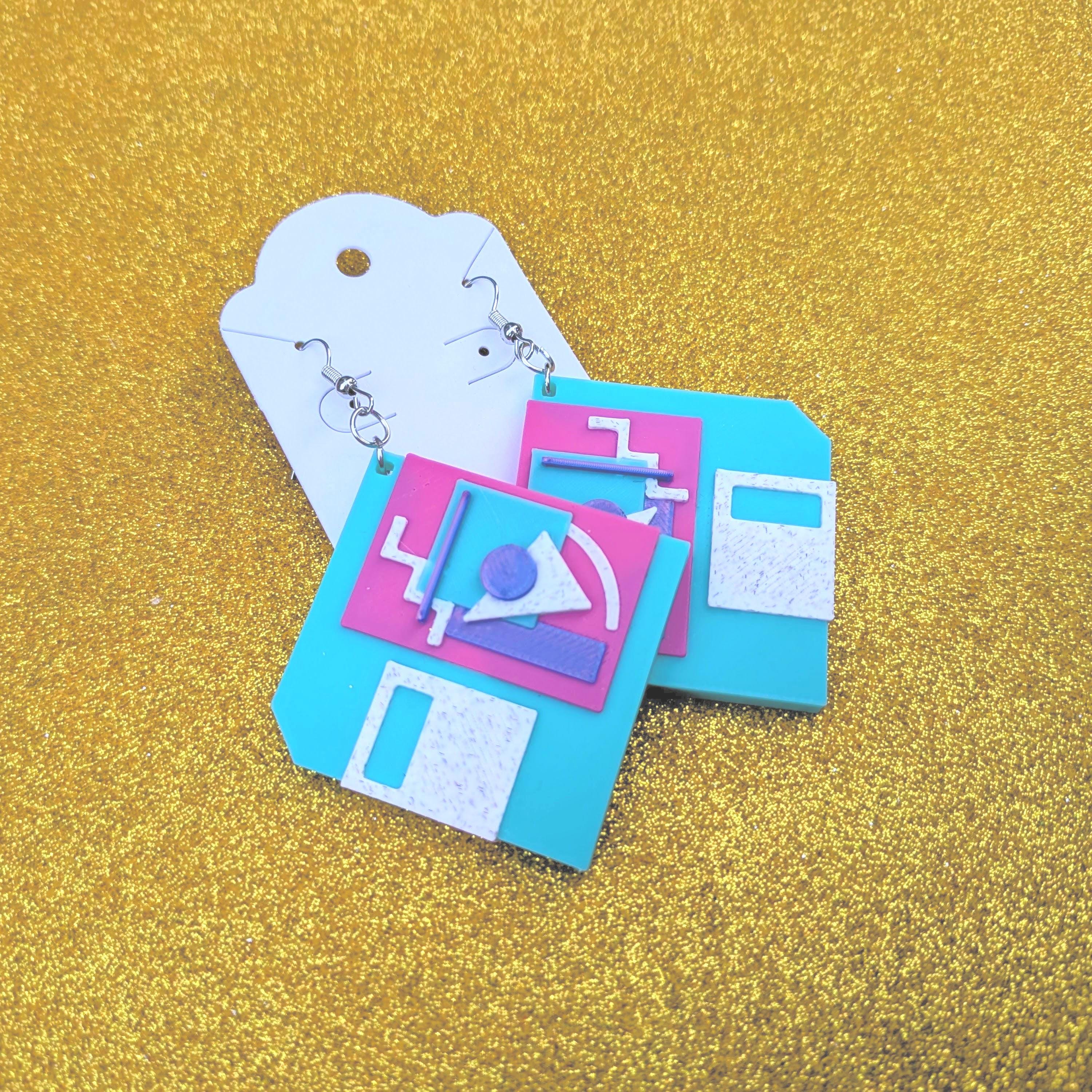 90s Memphis Floppy Disk Earrings: Vaporwave Retro Statement Jewelry