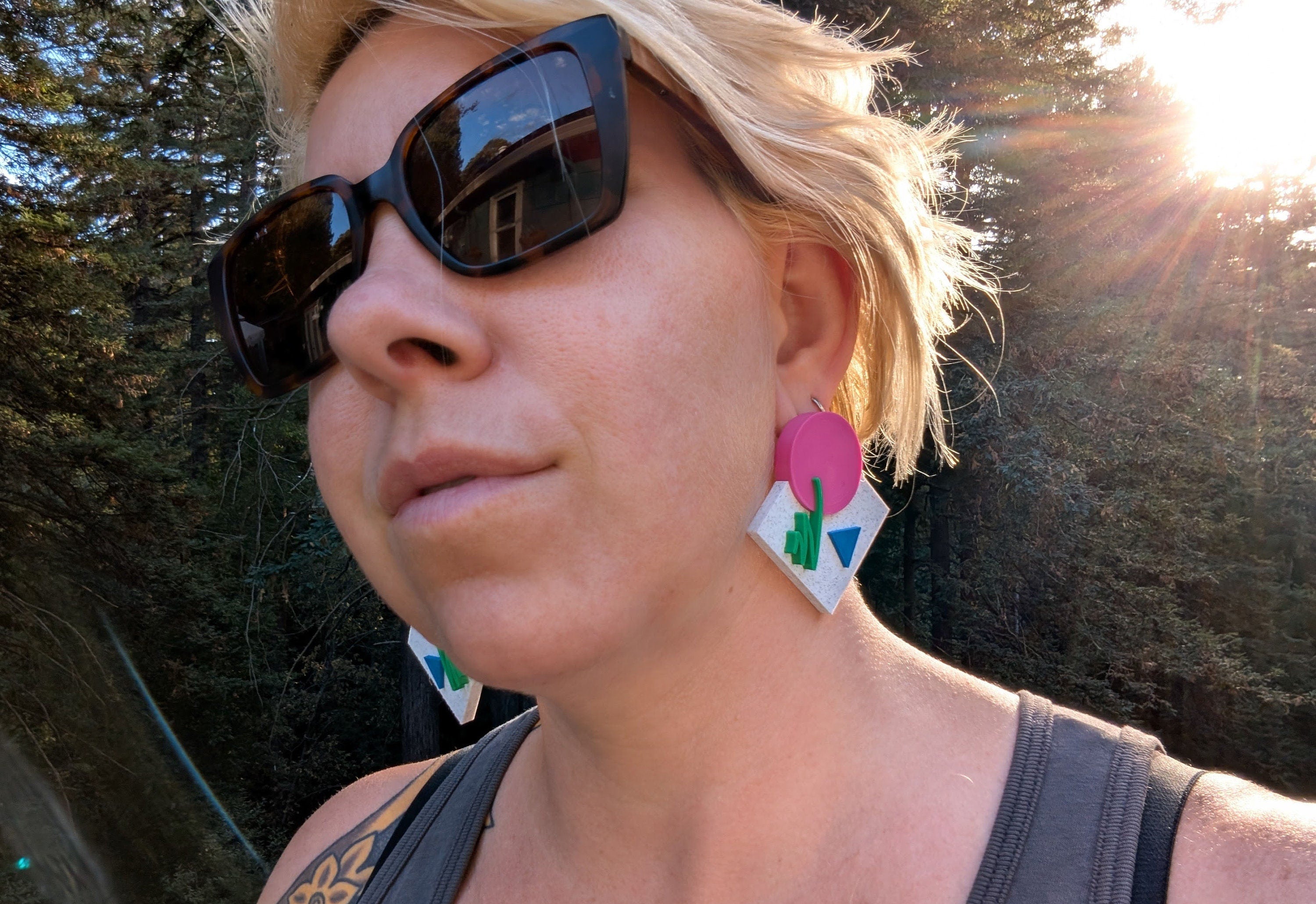 Geometric 80s Square Jazz Earrings | Retro Marble Stud Design