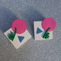 Geometric 80s Square Jazz Earrings | Retro Marble Stud Design