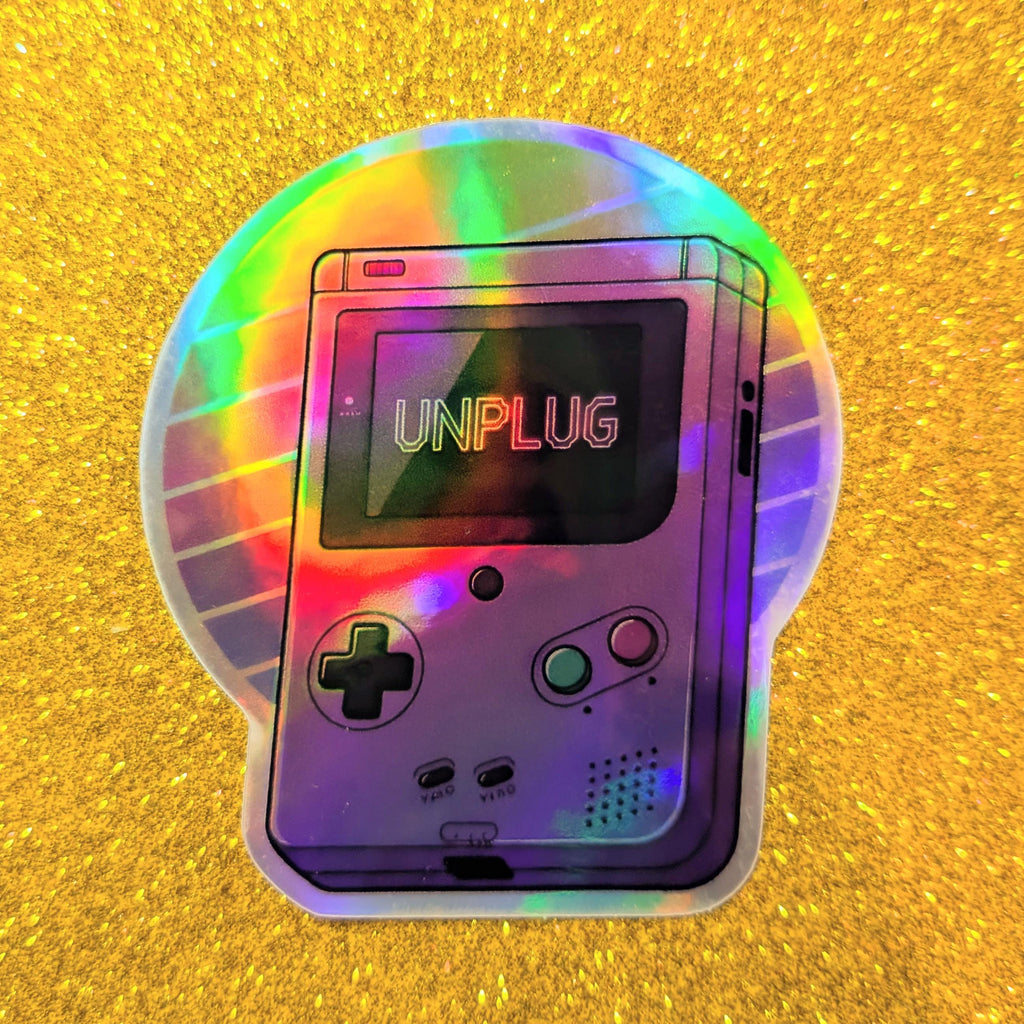 Unplug Holographic Sticker | Rainbow Vaporwave Sunset Gameboy