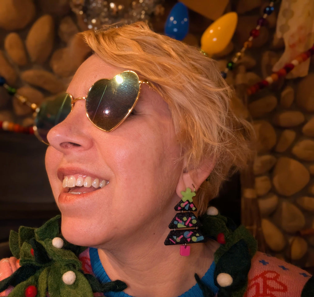Arcade Carpet Christmas Tree Earrings | Retro UV Reactive Glow Holiday Jewelry