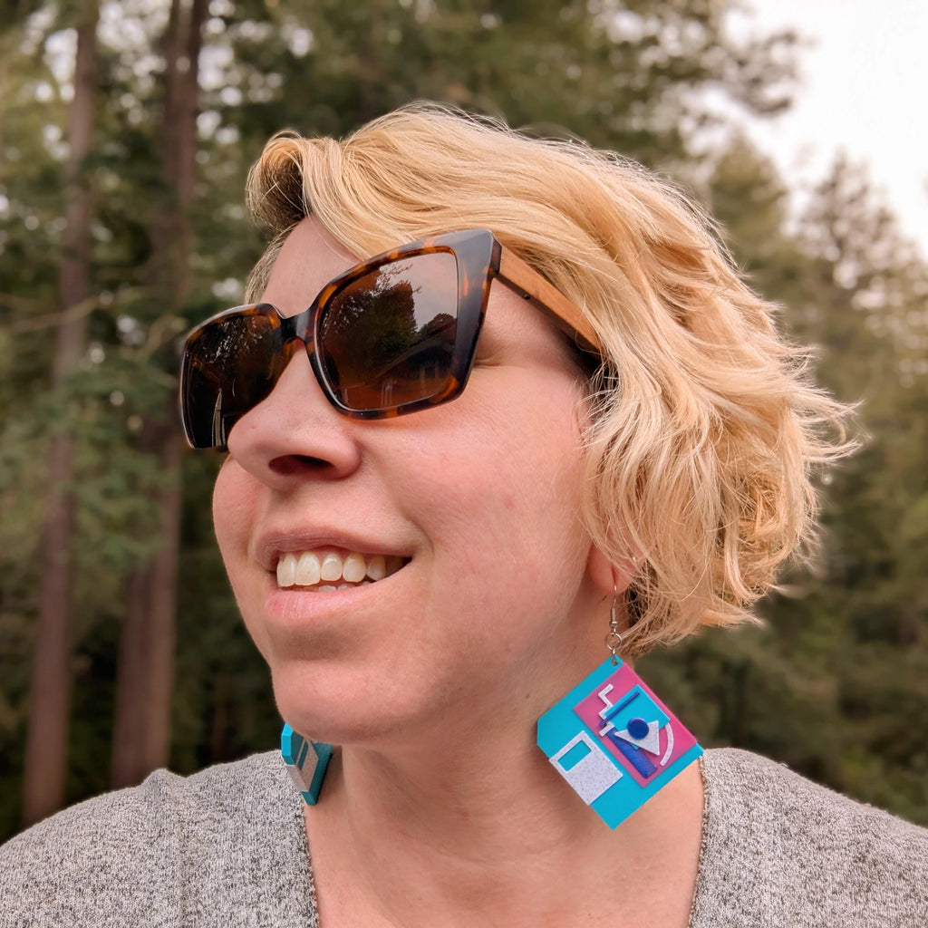 90s Memphis Floppy Disk Earrings: Vaporwave Retro Statement Jewelry