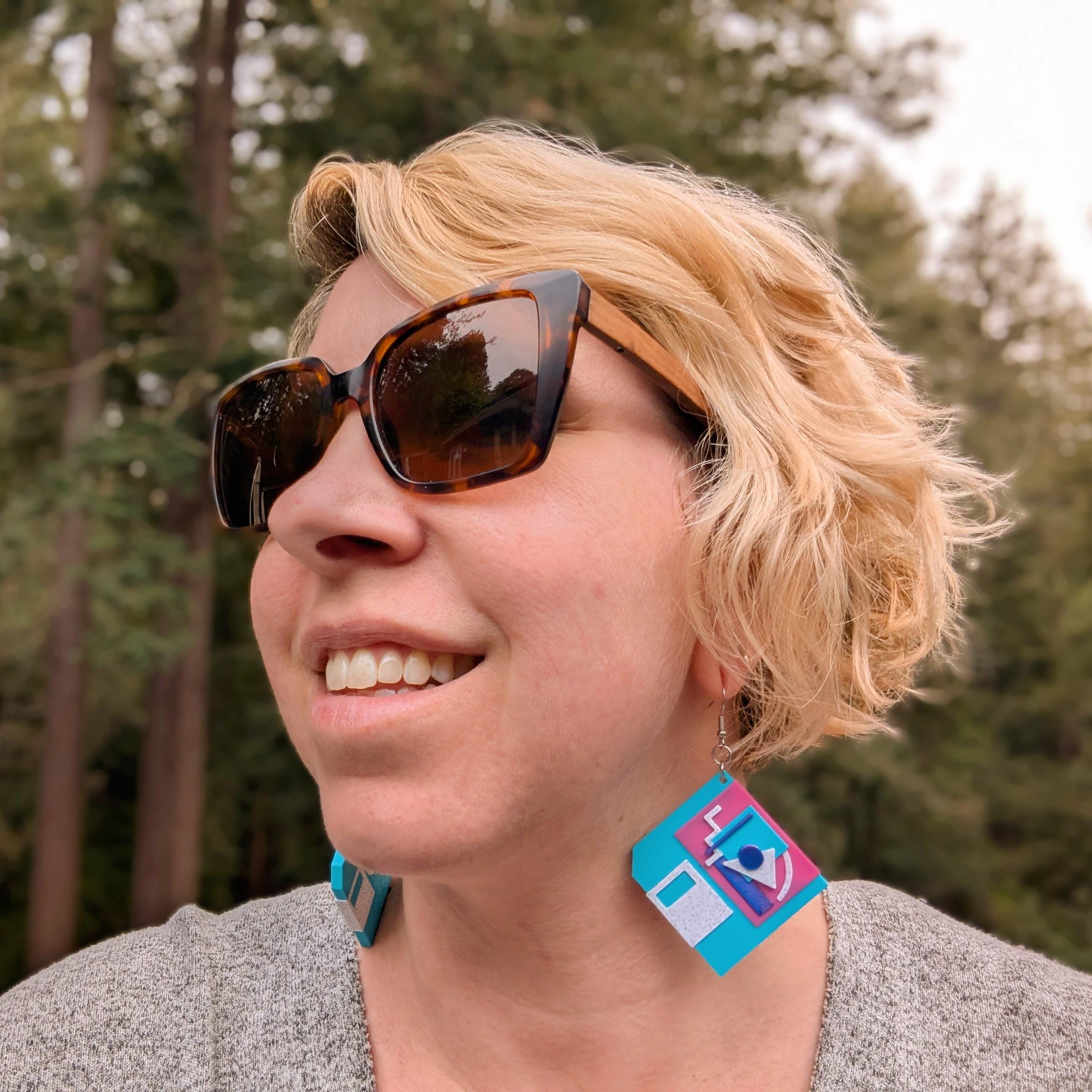 90s Memphis Floppy Disk Earrings: Vaporwave Retro Statement Jewelry