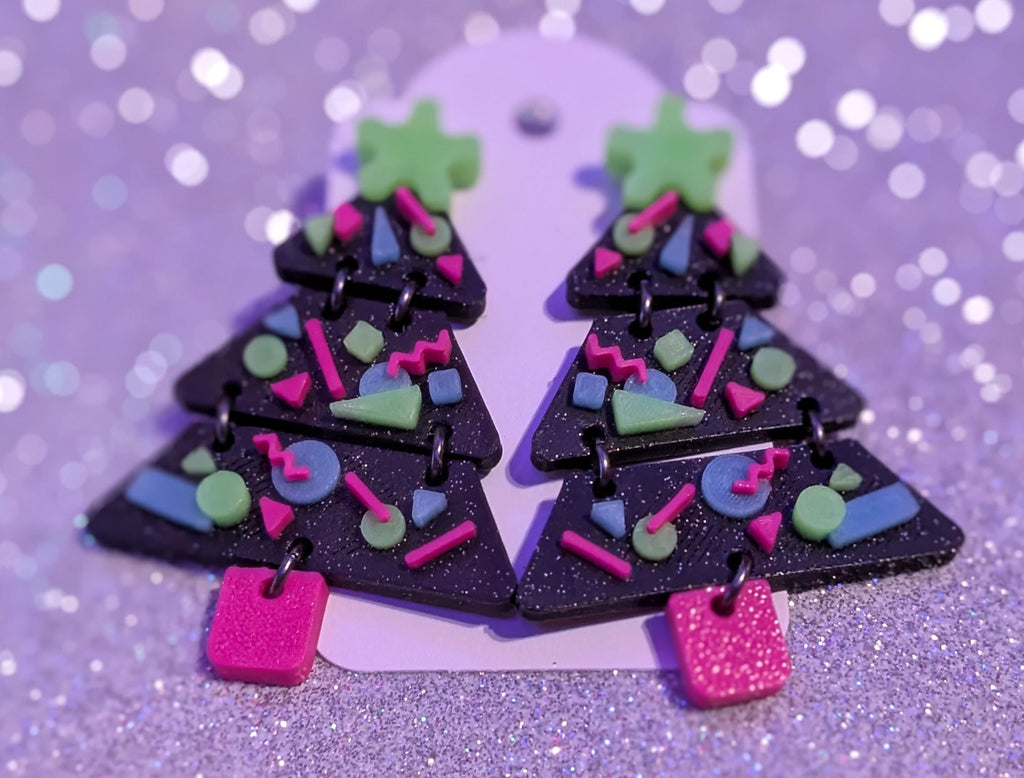 Arcade Carpet Christmas Tree Earrings | Retro UV Reactive Glow Holiday Jewelry