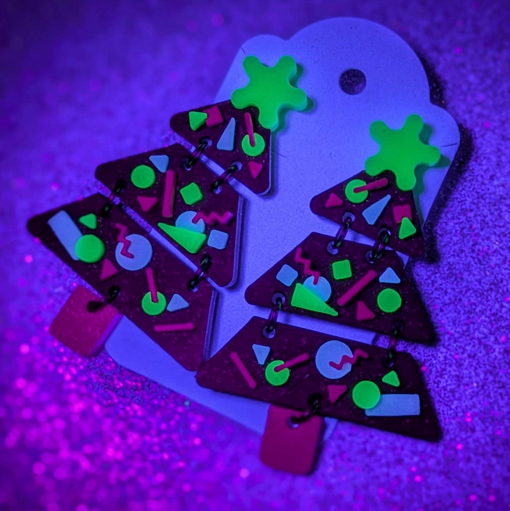 Arcade Carpet Christmas Tree Earrings | Retro UV Reactive Glow Holiday Jewelry
