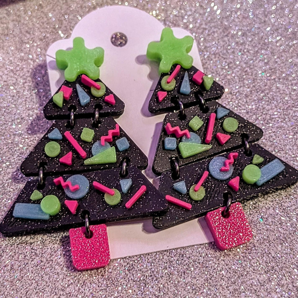 Arcade Carpet Christmas Tree Earrings | Retro UV Reactive Glow Holiday Jewelry