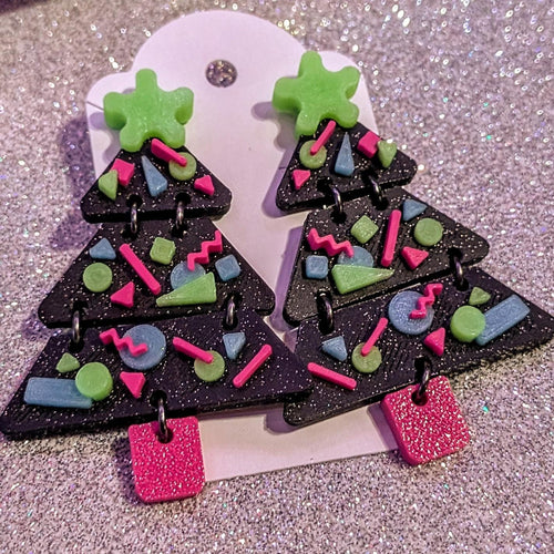 Arcade Carpet Christmas Tree Earrings | Retro UV Reactive Glow Holiday Jewelry