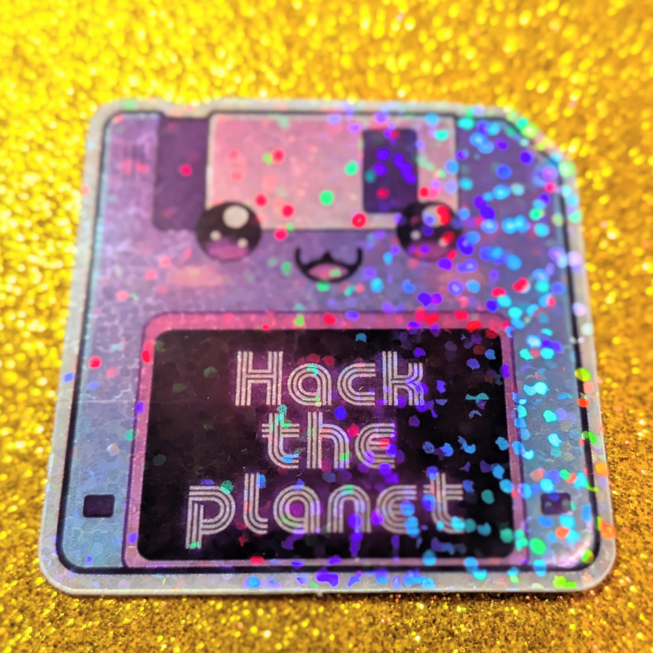 Kawaii Hack the Planet Glitter Sticker | Vaporwave Floppy Disk