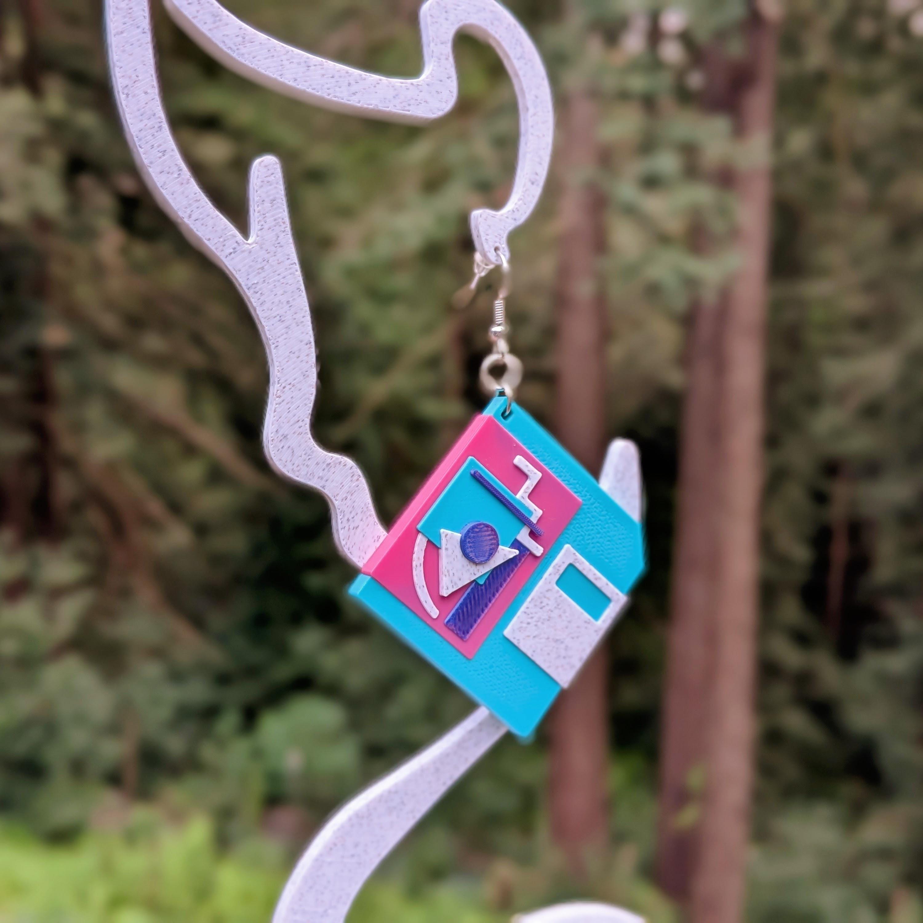 90s Memphis Floppy Disk Earrings: Vaporwave Retro Statement Jewelry