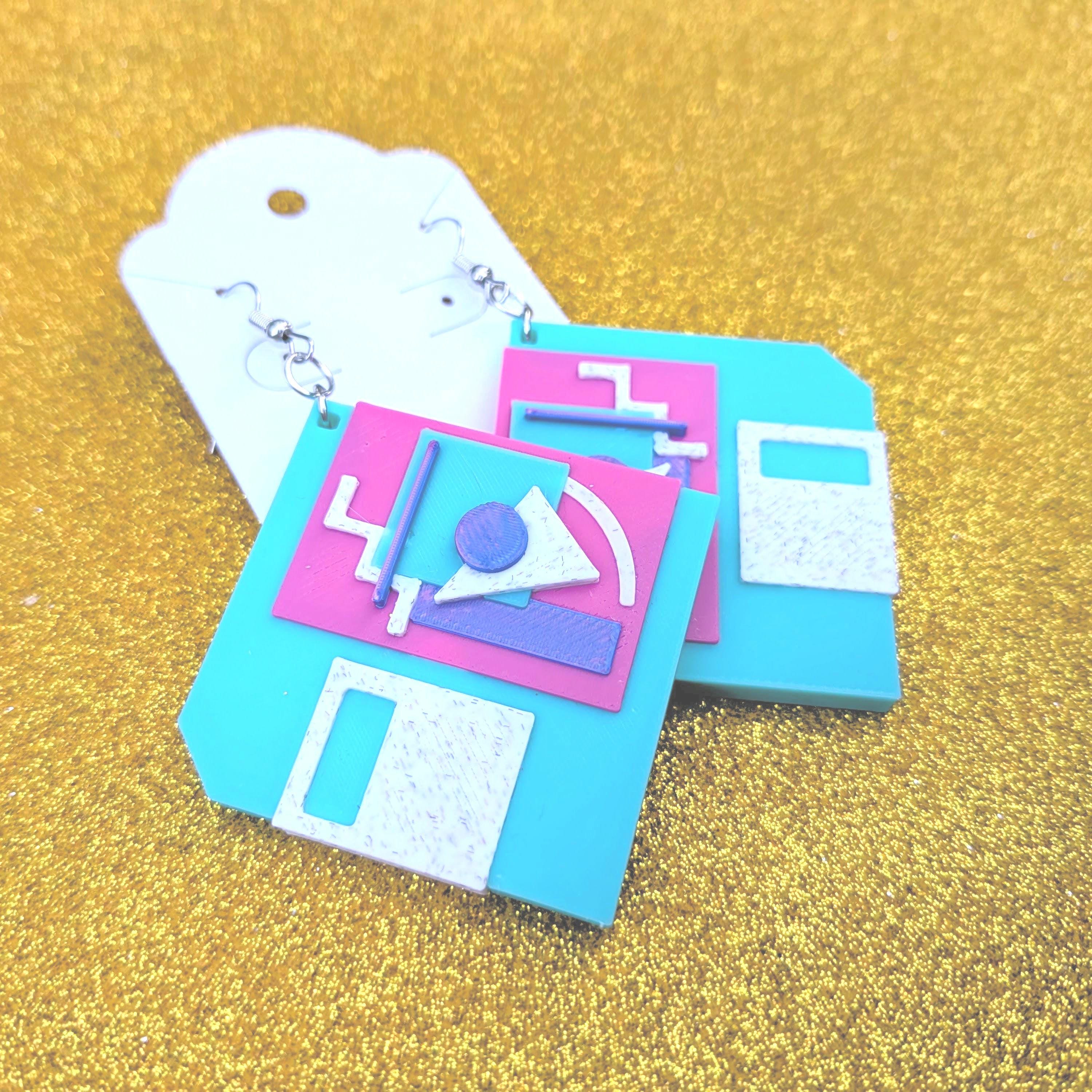 90s Memphis Floppy Disk Earrings: Vaporwave Retro Statement Jewelry