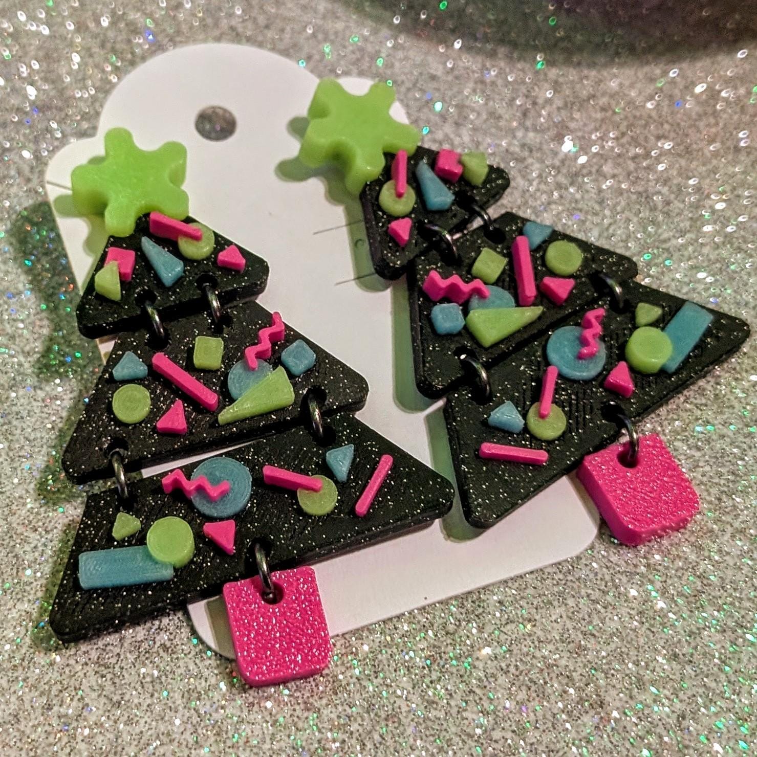 Arcade Carpet Christmas Tree Earrings | Retro UV Reactive Glow Holiday Jewelry