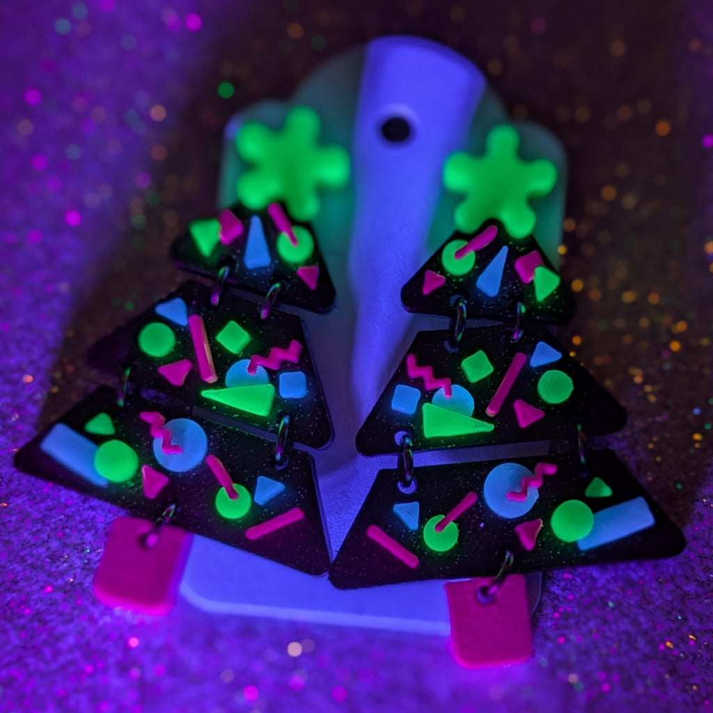 Arcade Carpet Christmas Tree Earrings | Retro UV Reactive Glow Holiday Jewelry