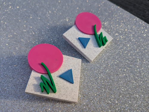 Geometric 80s Square Jazz Earrings | Retro Marble Stud Design